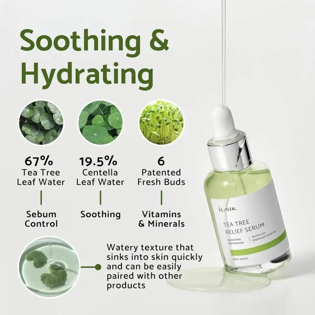 سيروم تهدئة شجرة الشاي من آي يونيك مع السنتيلا الآسيوية لعلاج الحبوب